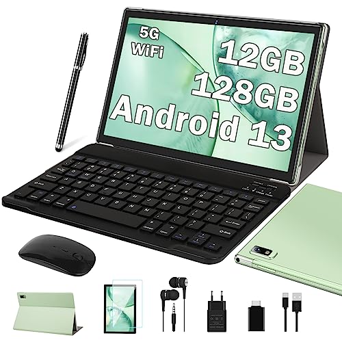 Oangcc 2023 Tablet 10 Pulgadas Android 13 OS Tablets, 12GB RAM+128GB ROM/TF 1TB, 5G WiFi, 8 Core 2.0 GHz | GMS Certificado | 8000mAh | BT 5.0 | Widgets | Control Parental | con Teclado + Caso -Verde