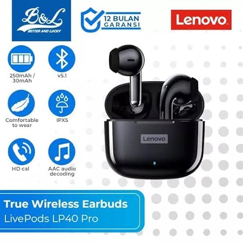 Lenovo LP40 Pro - Auriculares inalámbricos Bluetooth 5.1, 25 horas de reproducción, USB-C, carga rápida, control táctil de graves profundos, IPX5, impermeables, auriculares deportivos inalámbricos